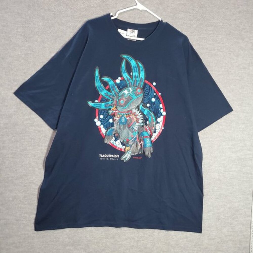 Karani Art Men Shirt 2XL Blue Aztec Lizard God Graphic Short Sleeve‎ Tee